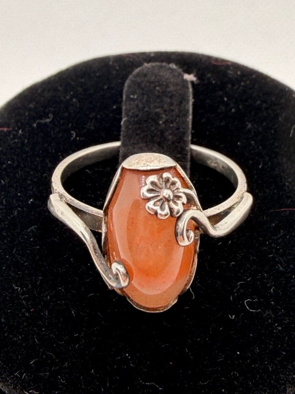 Handcrafted Orange Stone Floral Silver Ring - Women Jewelry